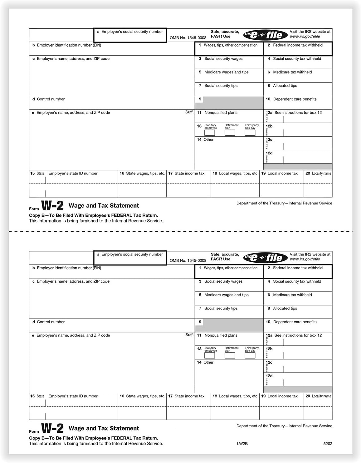 2022 Laser W2 Tax Forms, Employee/Federal Copy B, 100/Pk Office Products