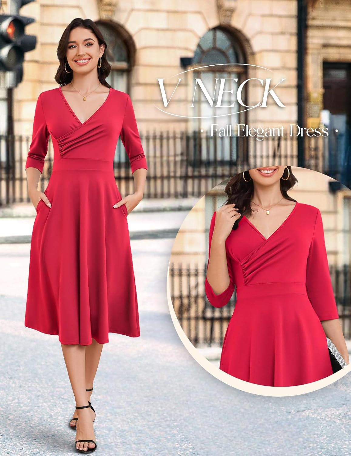 Bbonlinedress Cocktail Dress Formal Wedding Guest 3/4 Sleeve Christmas Dress Church A-Line V-Neck Swing Midi Tea Dress - Image 5