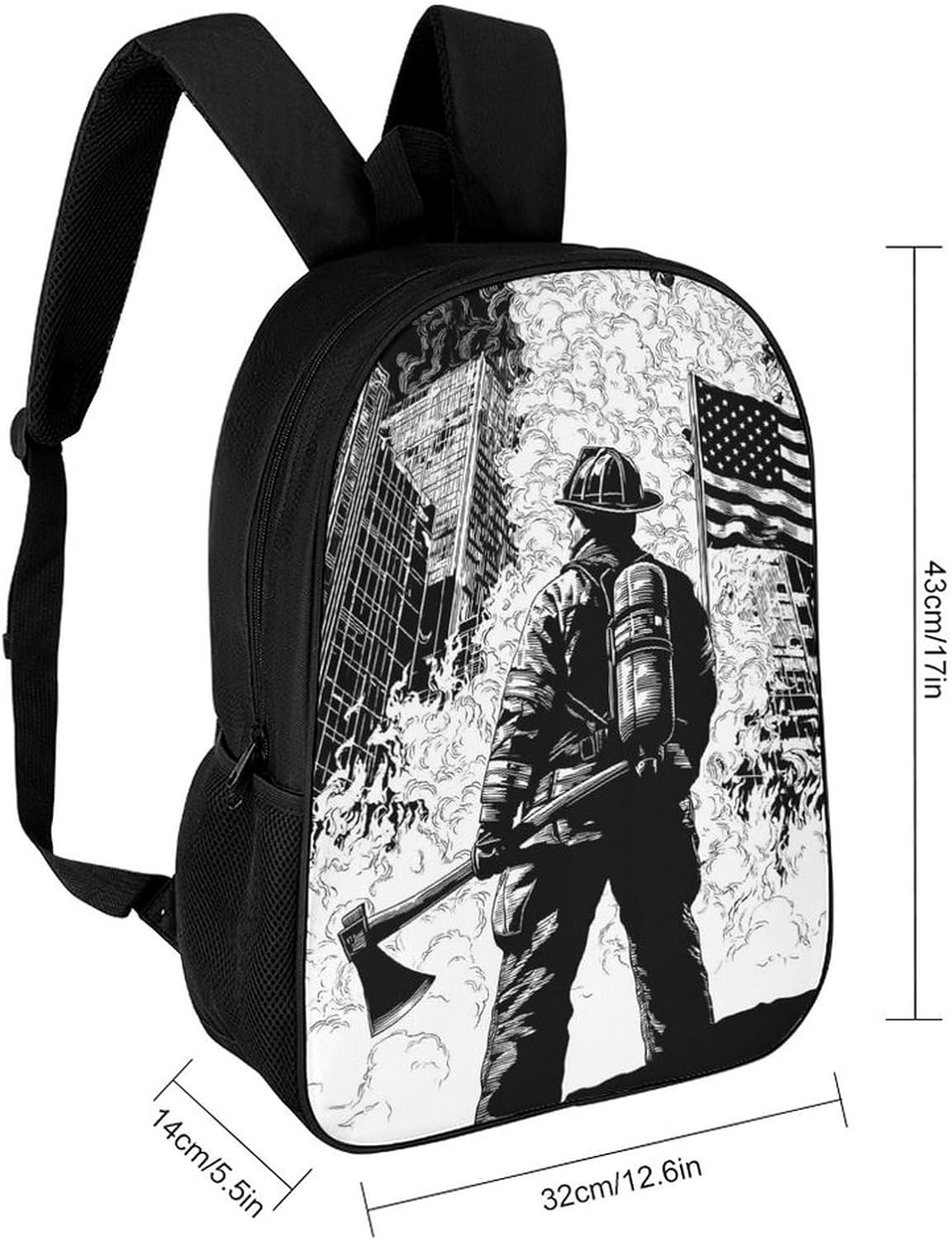U.S.A. Firefighter Fight Flames Unisex Backpack 17" Casual Daypacks Simple Shoulders Bag for Camping Hiking Travel Gear
