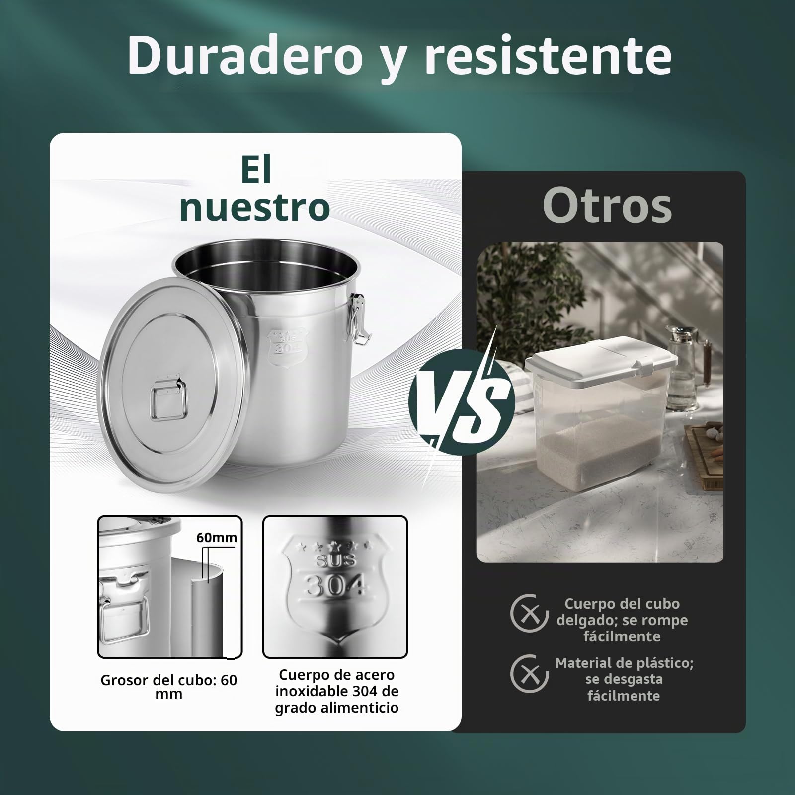 Cubo hermético de acero inoxidable con tapa, 6 L, 12 L, 21 L, 33 L, para cereales, harina y cereales (33 x 33 x 30 cm, 21 L)
