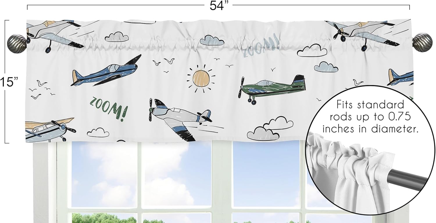 Sweet Jojo Designs Green Vintage Airplane Boy Window Valance Curtain Treatment for Baby, Nursery, Kids Room, Kitchen, Bathroom, Bedroom - Airplanes, Transportation, Clouds, Sun, Sky, Aviator, Aviation