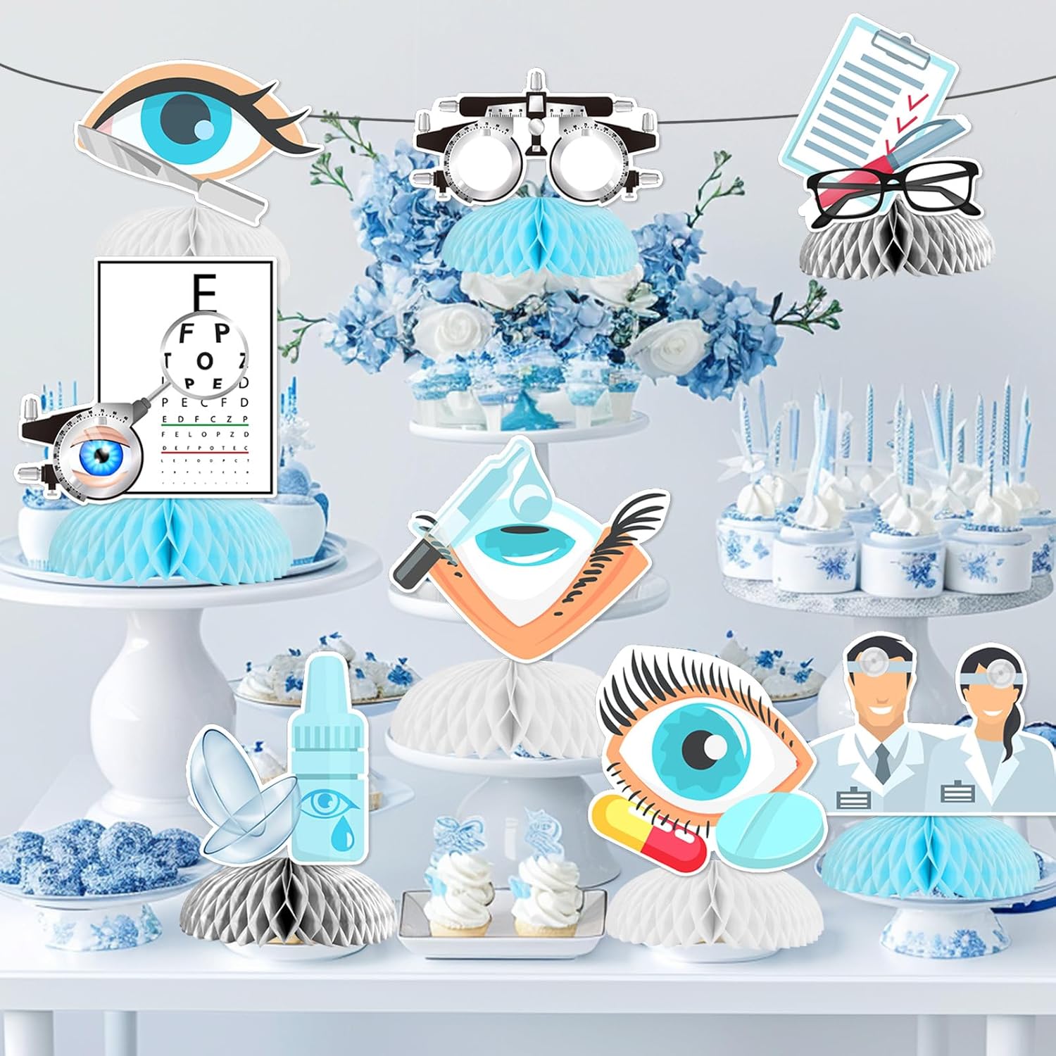 Eye Doctor Party Decorations, 8pcs Optometrist Theme Honeycomb Centerpiece Double-sided Printed Ophthalmologist Theme Party Table Decorations for Eye Doctor Birthday Graduation Party Supplies