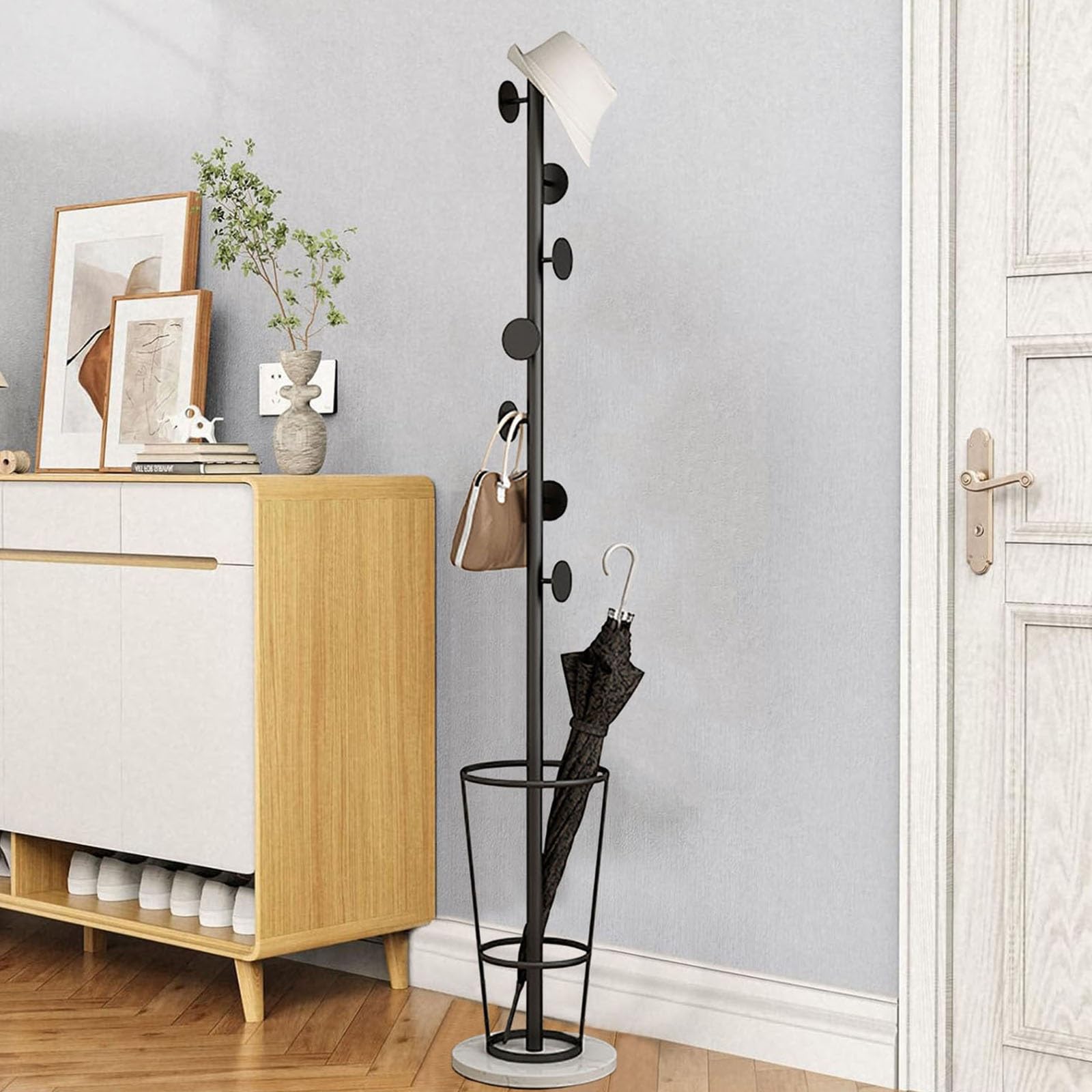 HYLYGFH Entryway Umbrella Stand with Coat Rack Space Saving Design Multiple Hooks Solid Marble Base