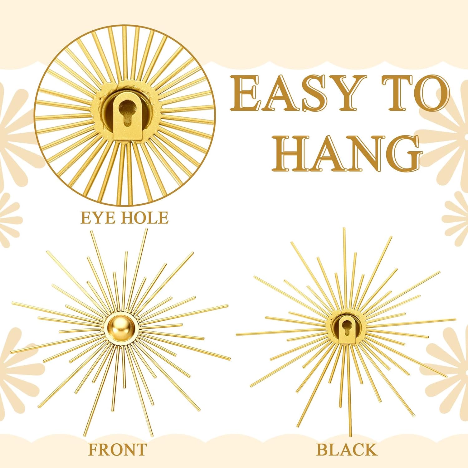 Fourluoo 3 Pack Gold Sunburst Mirrors for Wall Decor Circle Flowers Mirrors Decorative Gold Hanging Wall Art Flowers Mirror for Home Living Dinning Room Bedroom Bathroom Boho Decoration(Cute)