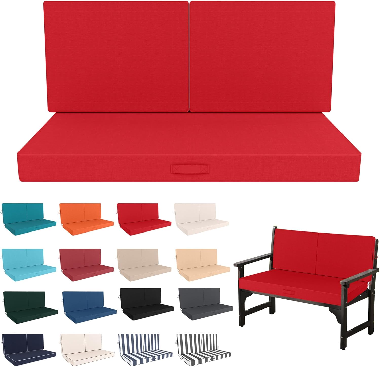 Outdoor Loveseat Cushion Set Deep Seat Cushions Replacement for Outdoor Furniture, 46x24'' Waterproof Fade Resistant 4'' Bench Cushion with 2 Foam Backs for Patio Couch Bench Swing(46x24x4in,Red)