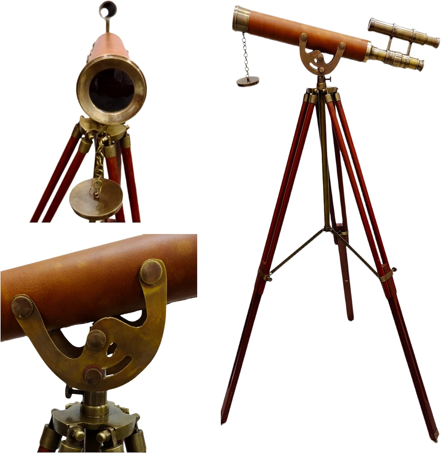 Antique Brass Telescope Leather Coverd Telescope Double Barrel Nautical Adjustable Floor Standing Wooden Tripod Home Decorative