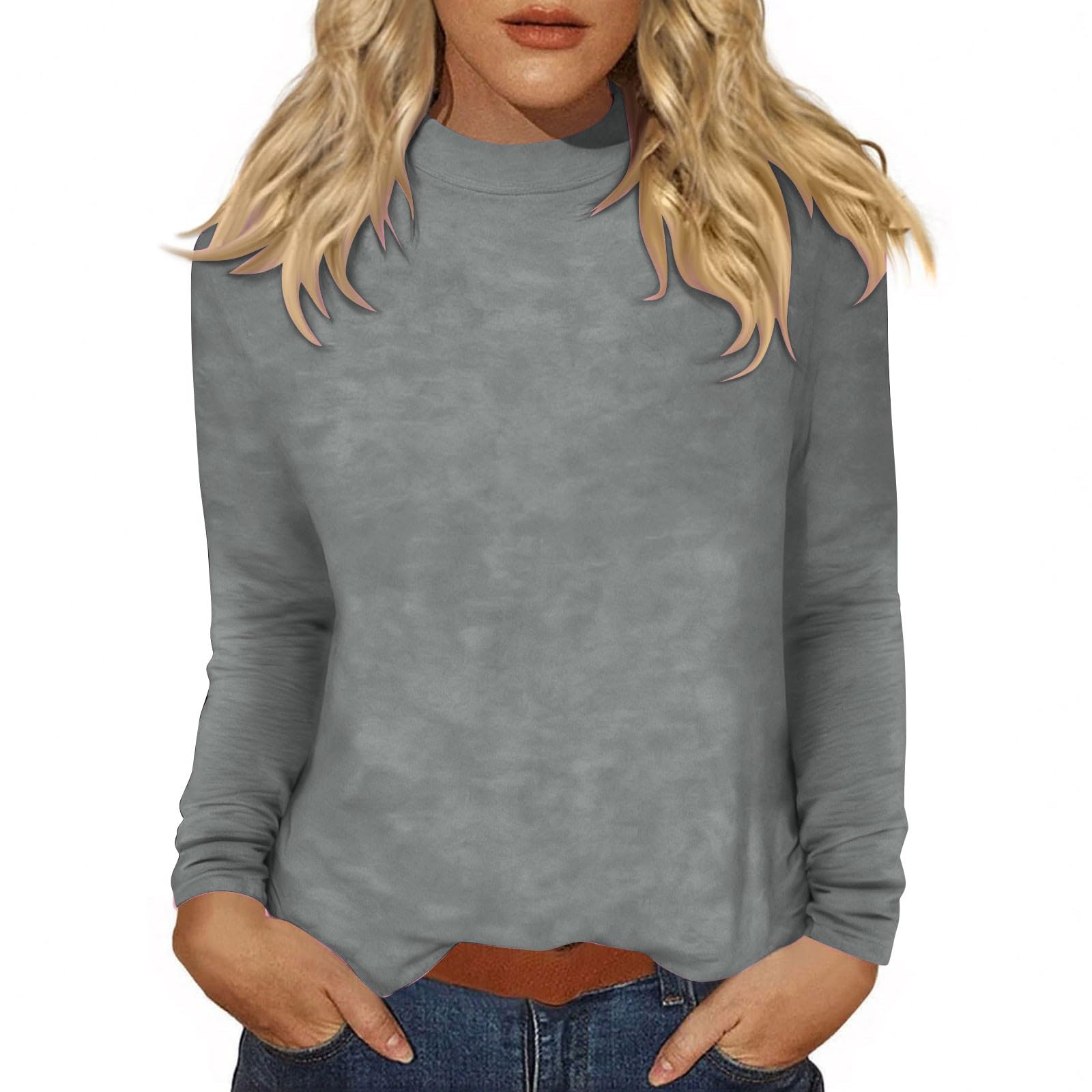 Camiseta Mujer Manga Larga Original Tops de Cuello Alto Primavera Otoño Color Sólido Sueltos Jersey T-Shirt Camisetas Basicas Pullover Deporte Fiesta Cómodo Casual Camisetas Interior Diario