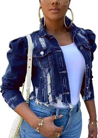 Womens Jean Jacket Denim Puff Long Sleeve Destroyed Button Down Cropped Jacket Coat