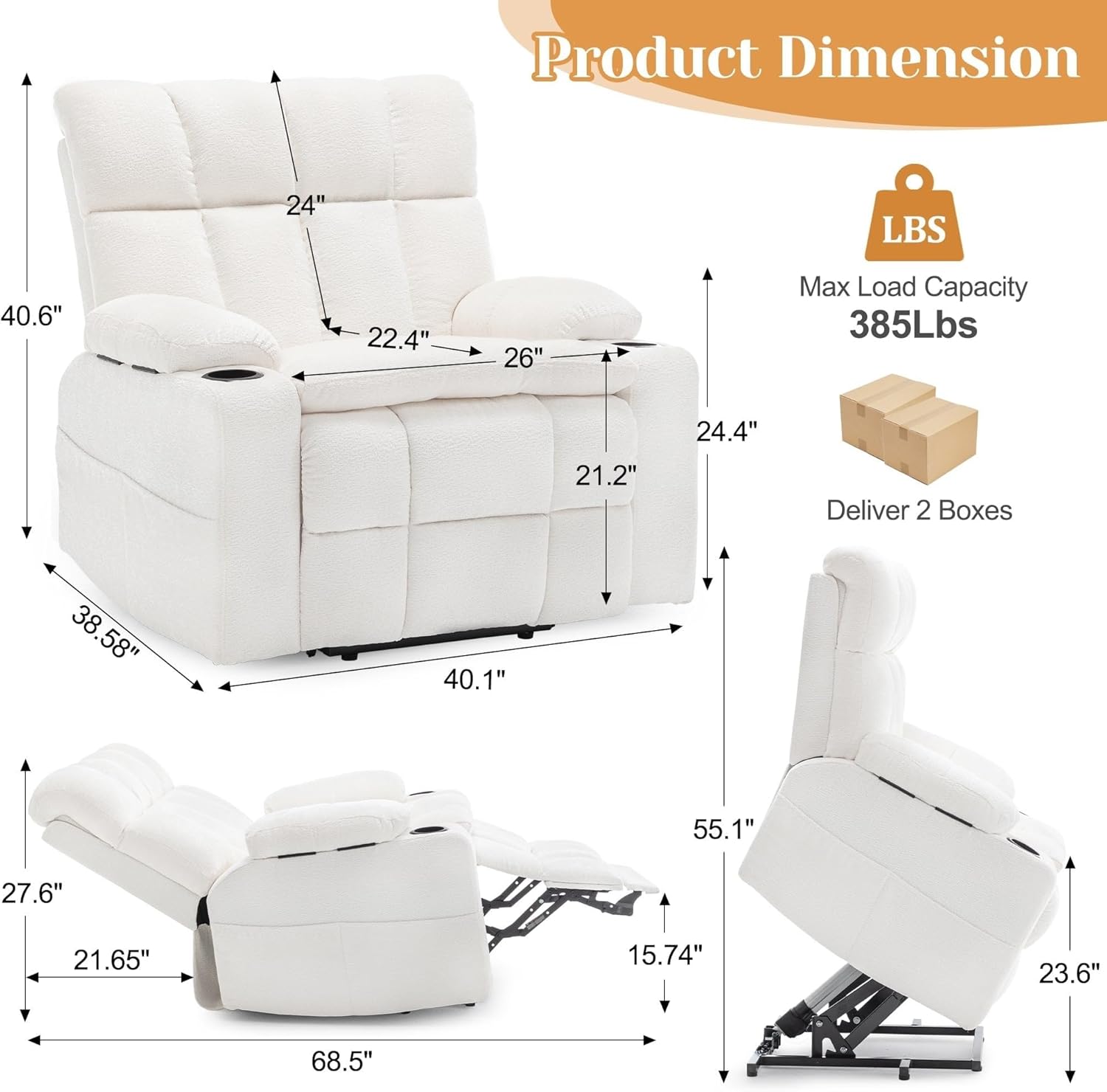 Oversized Power Lift Recliner Chair for Elderly, Dual Motor Electric Reclining Chair with Heat and Massage, Extra Wide Lift Chair with Adjustable Headrest USB & Type-C Ports Cup Holders and Storage