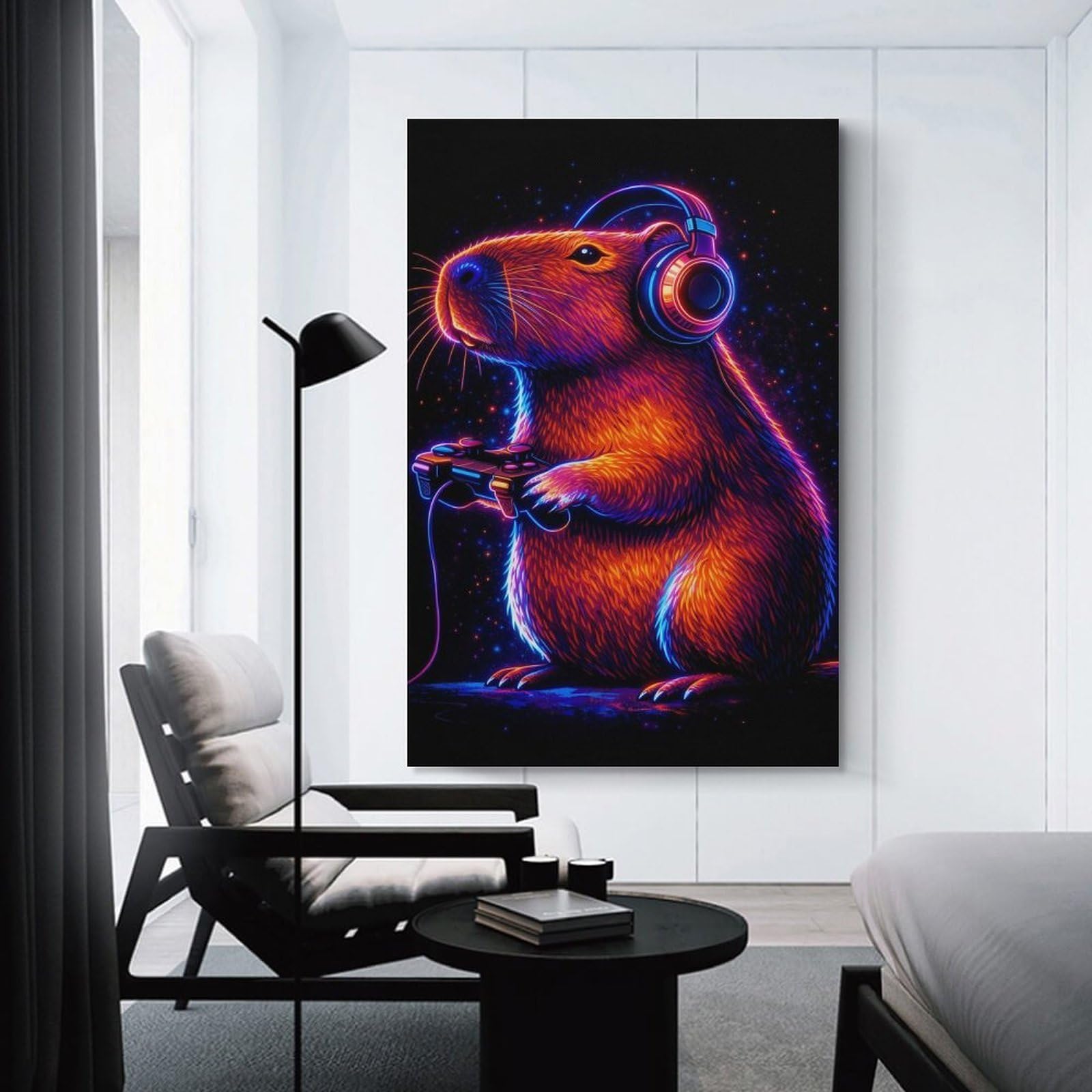 Junmoney Capybara Gamer with Neon Headphones Decorative Wall Artwork, 08x12inch(20x30cm), for New Homes, Bedrooms Or Workspaces, Gift Idea for Housewarming And Birthdays