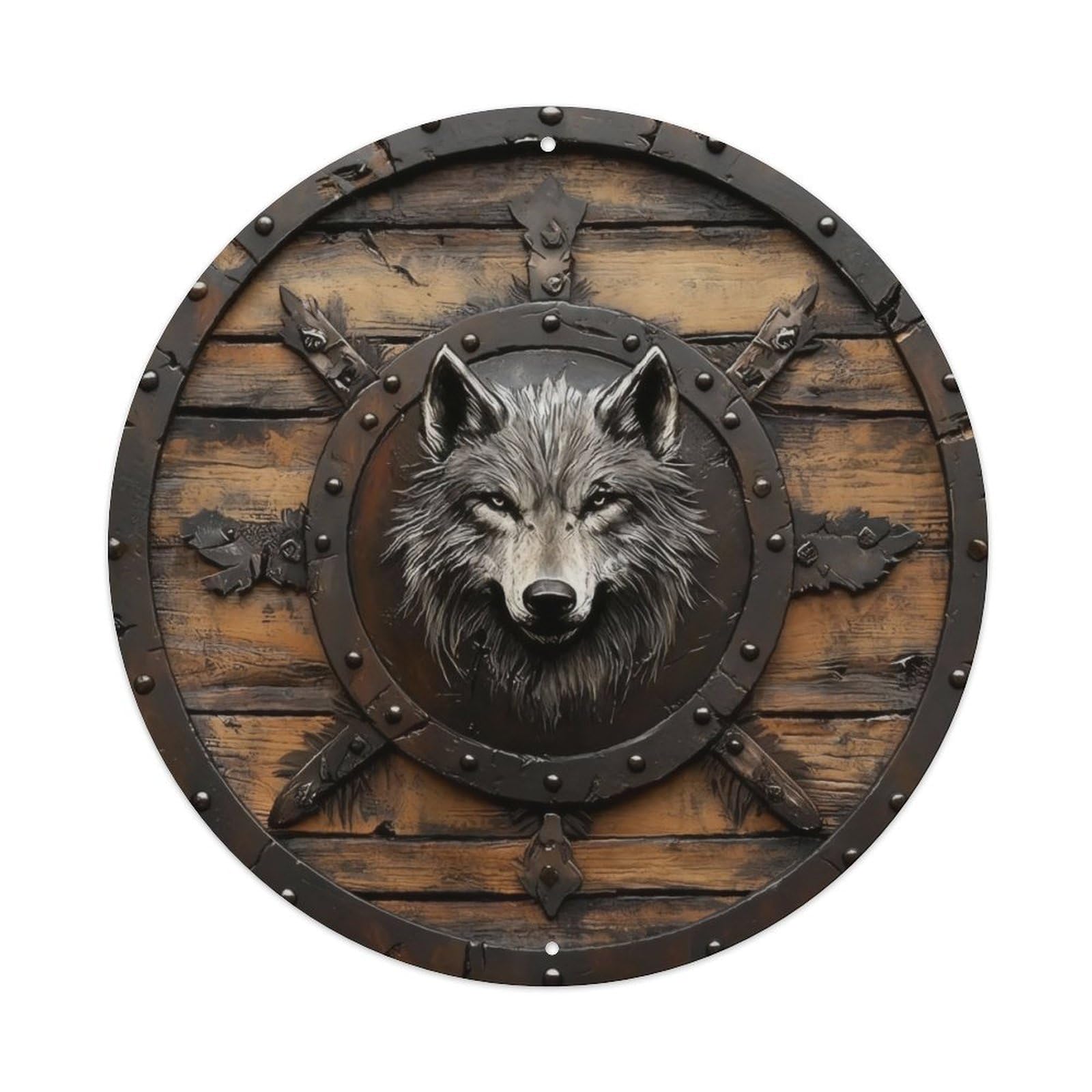 Viking Wood Shield Wolf Embossed Round Metal Sign Vintage Aluminium Metal Sign, Retro Wall Decor for Home, Bar, Garage & Farmhouse 20x20cm