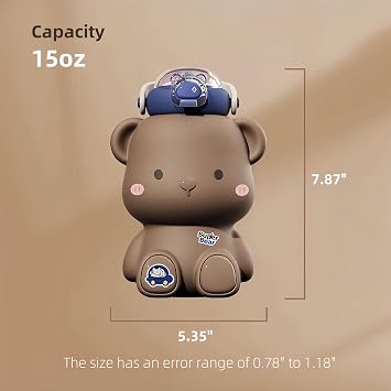 15oz Insulated Bottle: Adorable Bear - themed Water Cup with Buttons, Straw & Stickers (White)