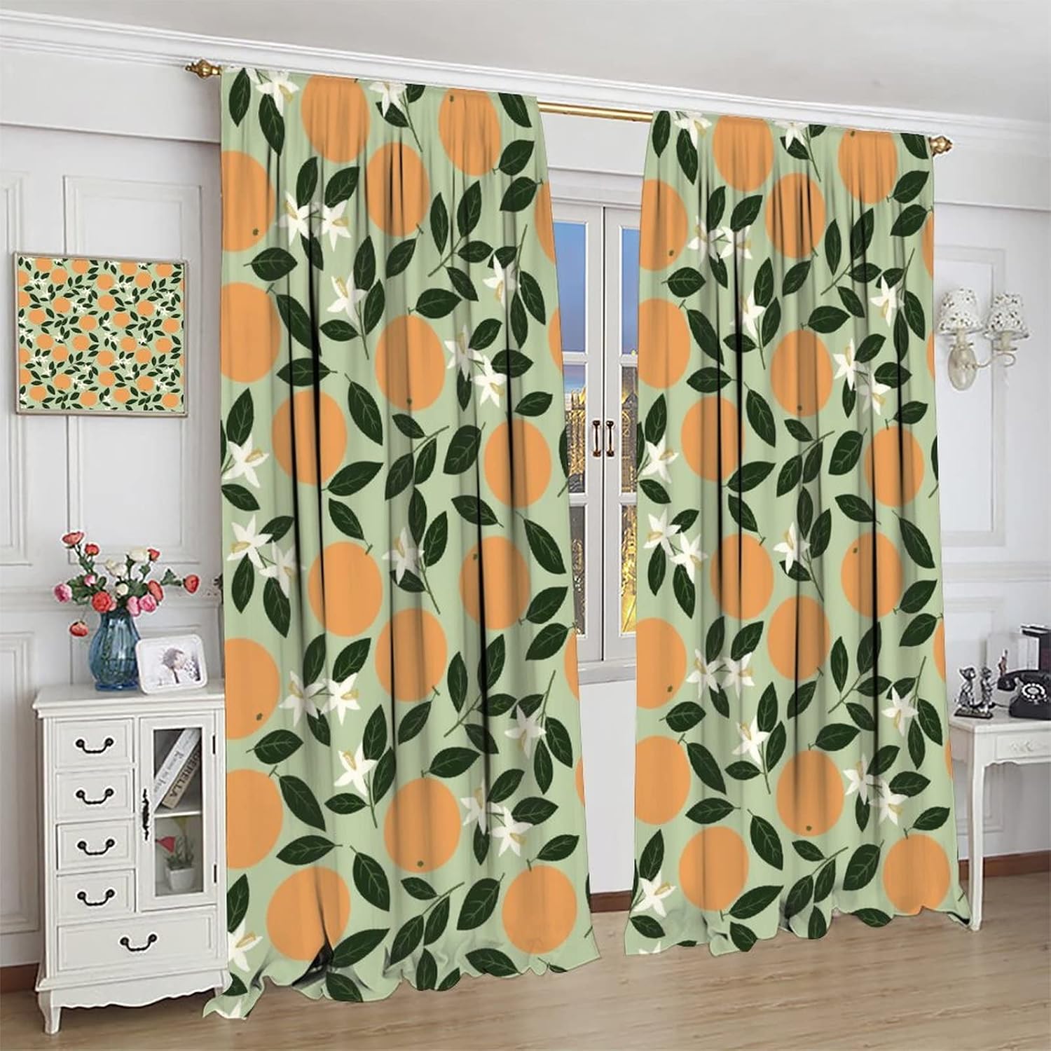 Orange Blackout Curtain Fruit Citrus Pattern Print Window Curtain Sunlight Filtering Drapes Rod Pocket Living Room Bedroom Kitchen Dining Room Cafe 2 Panels 42x45 in