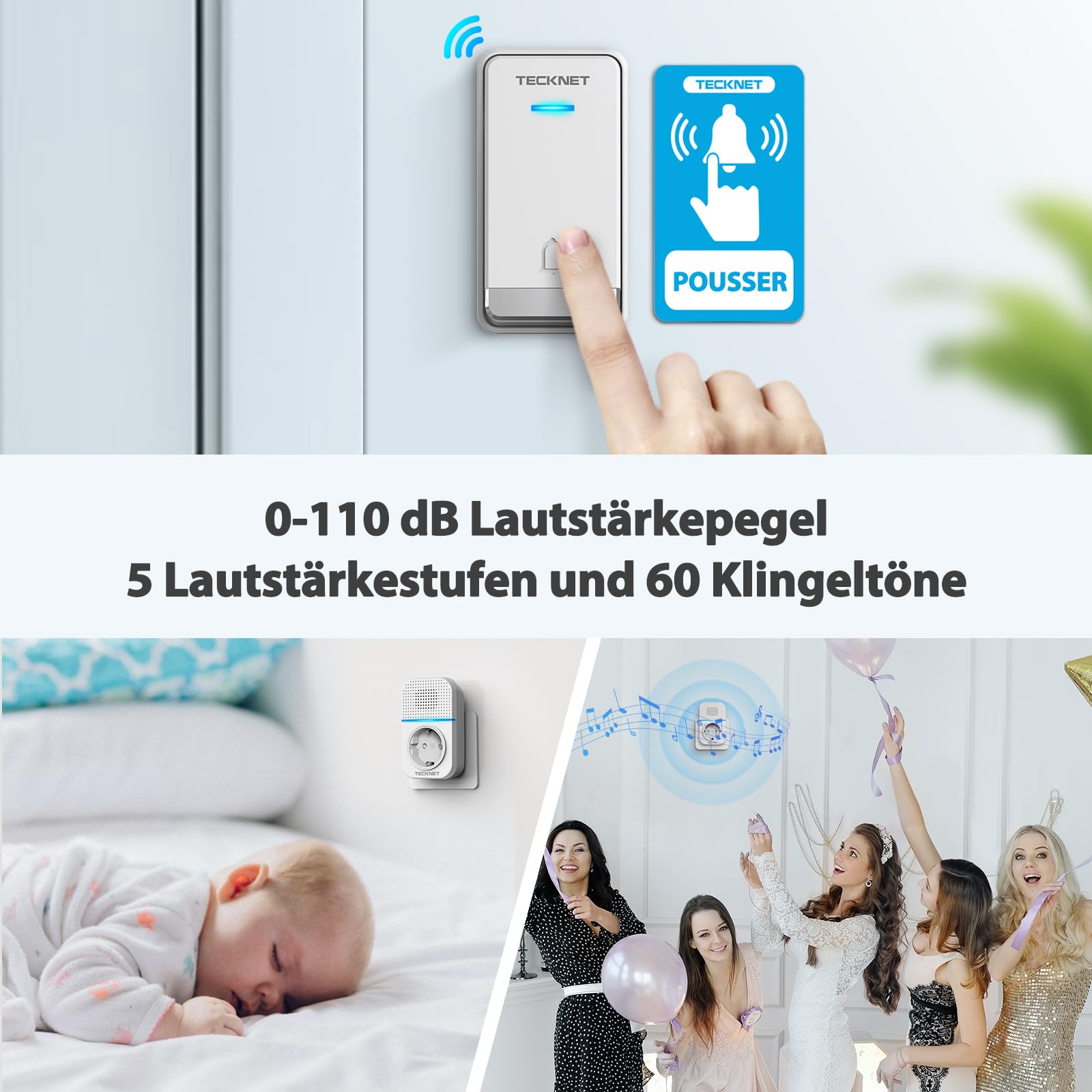 TECKNET Kabellose Türklingel Batterielose, Steckdosen-Funkklingel Wasserdicht Drahtloses Funk Türklingel mit 3 EU-Steckdose und 1 Sender, 400m, 60 Laute Melodien, 5 Lautstärke Stufen, LED-Blinken