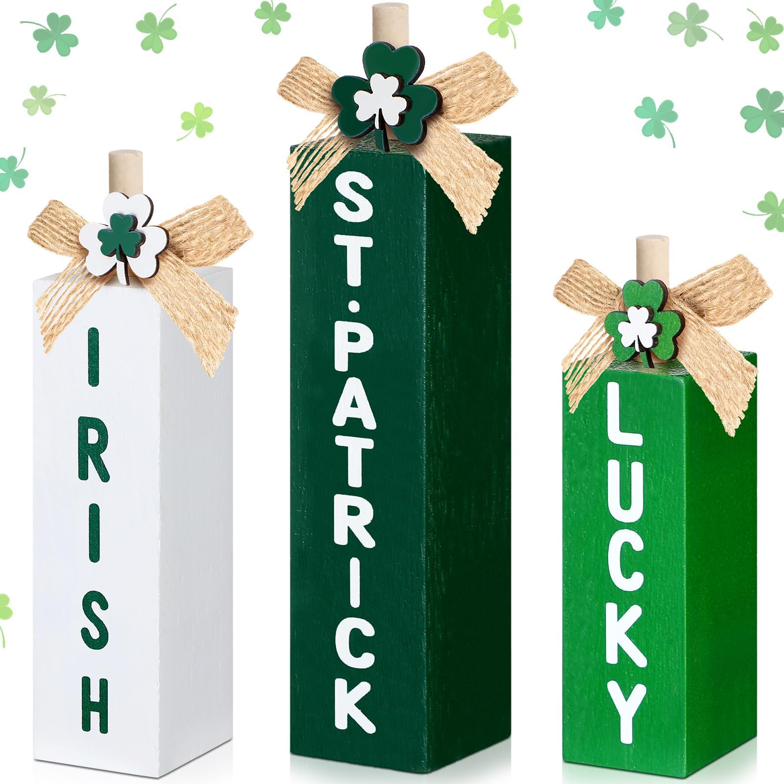 3 Pcs St. Patrick's Day Table Decor St. Patrick's Day Table Centerpieces Wood Block Sign Rustic Farmhouse Irish Tabletop Sign Tiered Tray Decor with Lucky Shamrock Clover Twine for Office Home Shelf