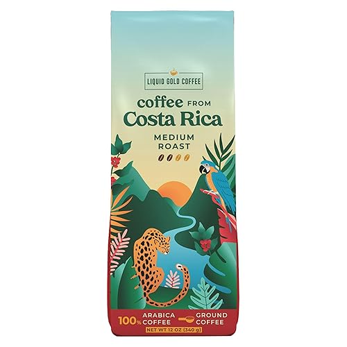 Liquid Gold Coffee de Costa Rica, molido de tostado medio, 1 bolsa (12 onzas), comercio justo, granos arábica 100% frescos, café especial de origen
