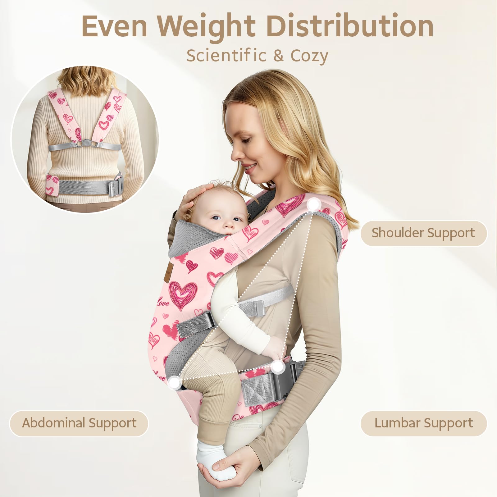 YooxAromr Marsupio Neonato,Ergonomico Regolabile Marsupio per Neonati 3-36 Mesi(3-30kg),Confortevole Fascia Neonato con Poggia Testa,Rosa
