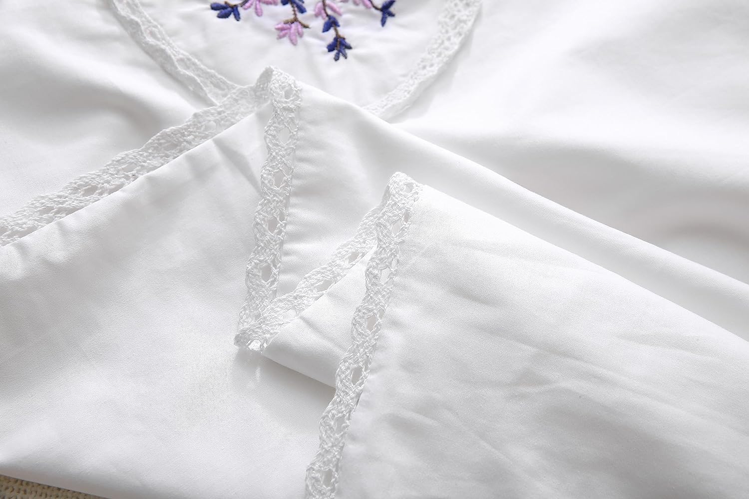 White Embroidery Pillowcases Lavender Flower Pillow Shams with lace 100% Cotton 2-Pack Twin Standard Size (26"x20")