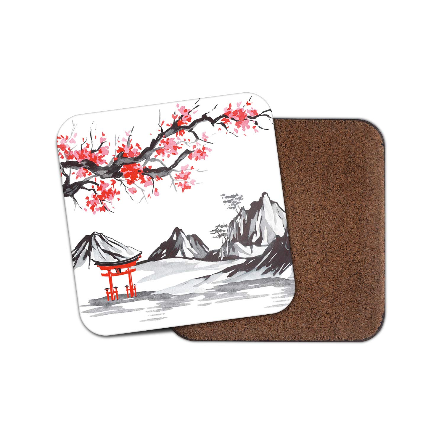 1 x Japanese Scene Coaster - Cherry Blossom Mountains Winter Snow #12791