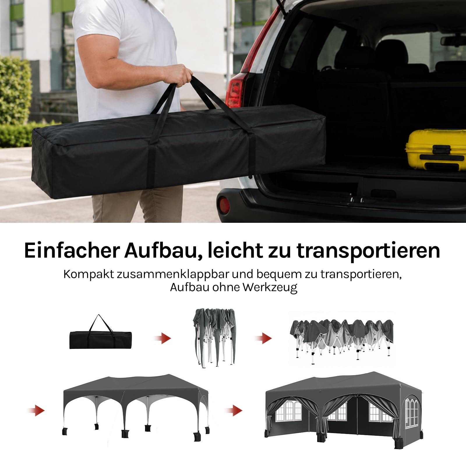 WOLTU Pavillon mit 6 Seitenteilen 4 Sandsäcke, Faltpavillon 3x6m mit Halbmonddach Tragetasche, Gartenpavillon wasserfest stabil UV-Schutz, Partyzelt Outdoor höhenverstellbar, Grau