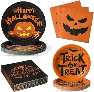 96Pcs Halloween Plates and Napkins Party Supplies - Serves 24, Trick or Treat Disposable Plates, Napkins - Orange Black Pumpkin Jack-O-Lantern Design Party Decorations