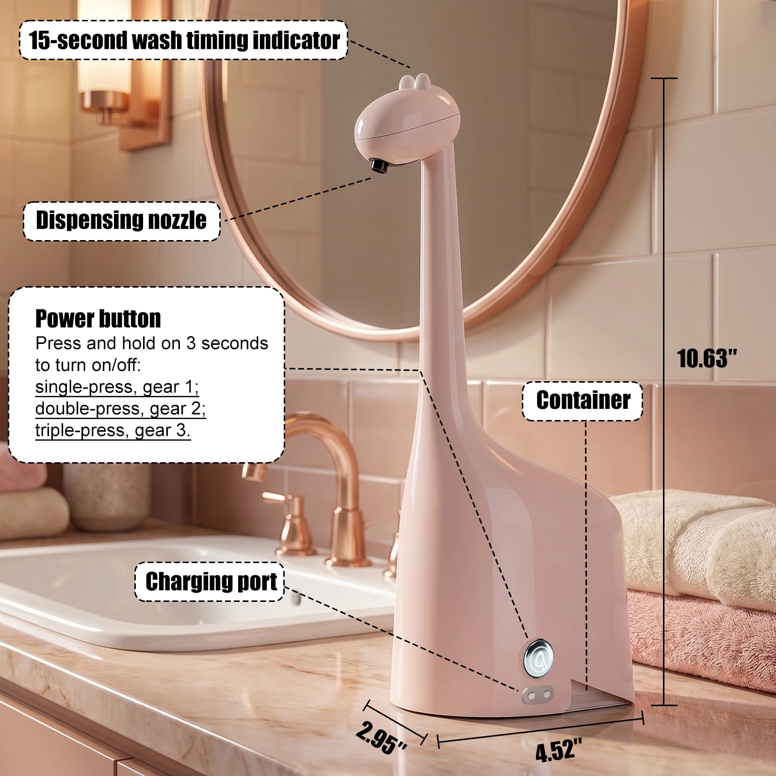 Dispenser automatico di sapone a forma di dinosauro, senza contatto, ricaricabile, 300 ml, schiuma regolabile a 3 livelli, impermeabile IPX5, per bagno, cucina, hotel, ristorante, rosa