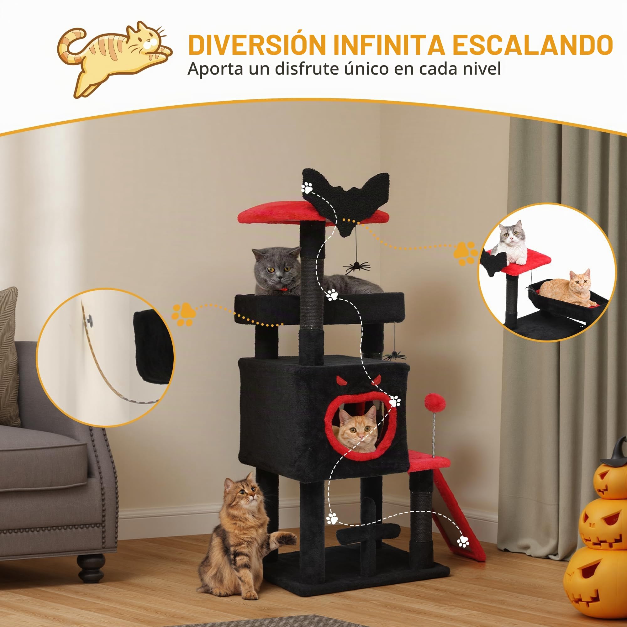 DWVO Árbol de Gato gótico de 111 cm para Interior con Cama de ataúd, espaciosa casa para Gatos, Bola de araña Colgante y rascador, Color Negro