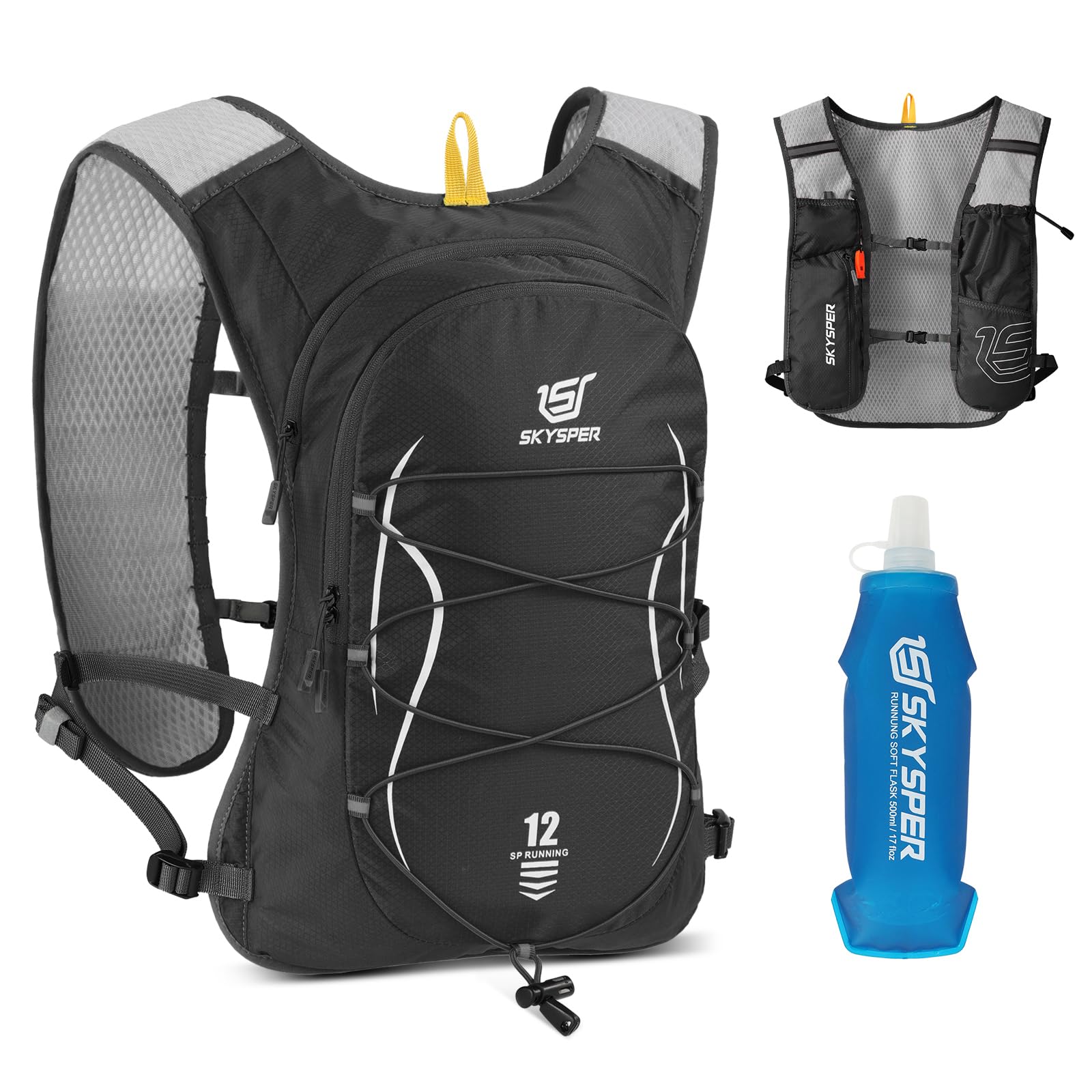 SKYSPER Laufweste für Damen Herren 12L Laufrucksack mit 500ml Trinkflasche Reflektierende Trinkweste Laufen Atmungsaktives Running Vest mit Handyfach für Trailrunning Marathon Joggen