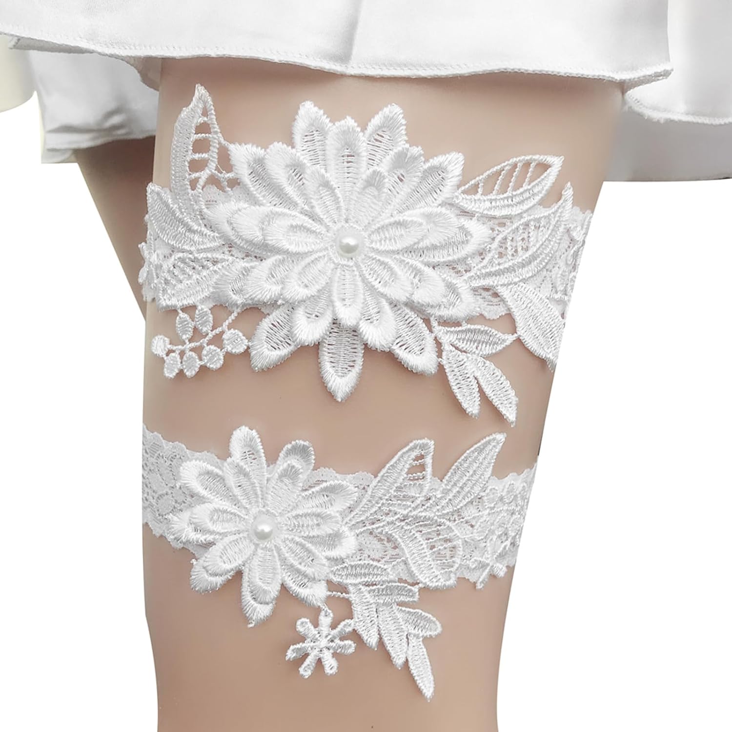 2pcs Pearl Lace Wedding Garter for Bride, White Flexibility Bridal Garter Belt, Elegant Pearl & Lace Bride Garter for Wedding, Party & Ceremony