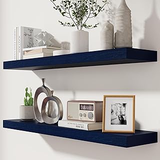 fuqing Dark Blue Floating Shelves 36 Inch, Solid Wooden Wall Shelves Set...