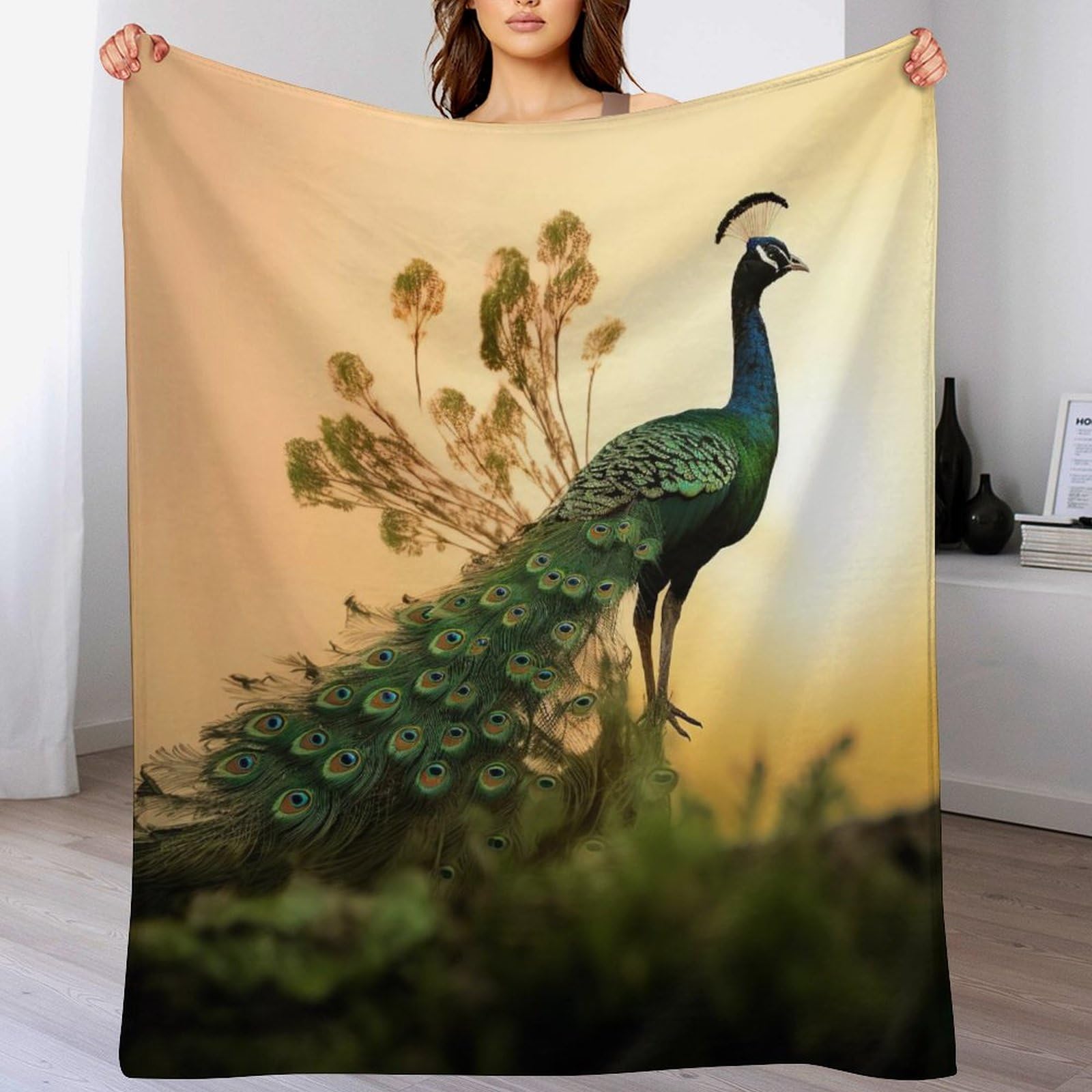 Couverture lit en flanelle paon douce pour cocooning sur le canapé