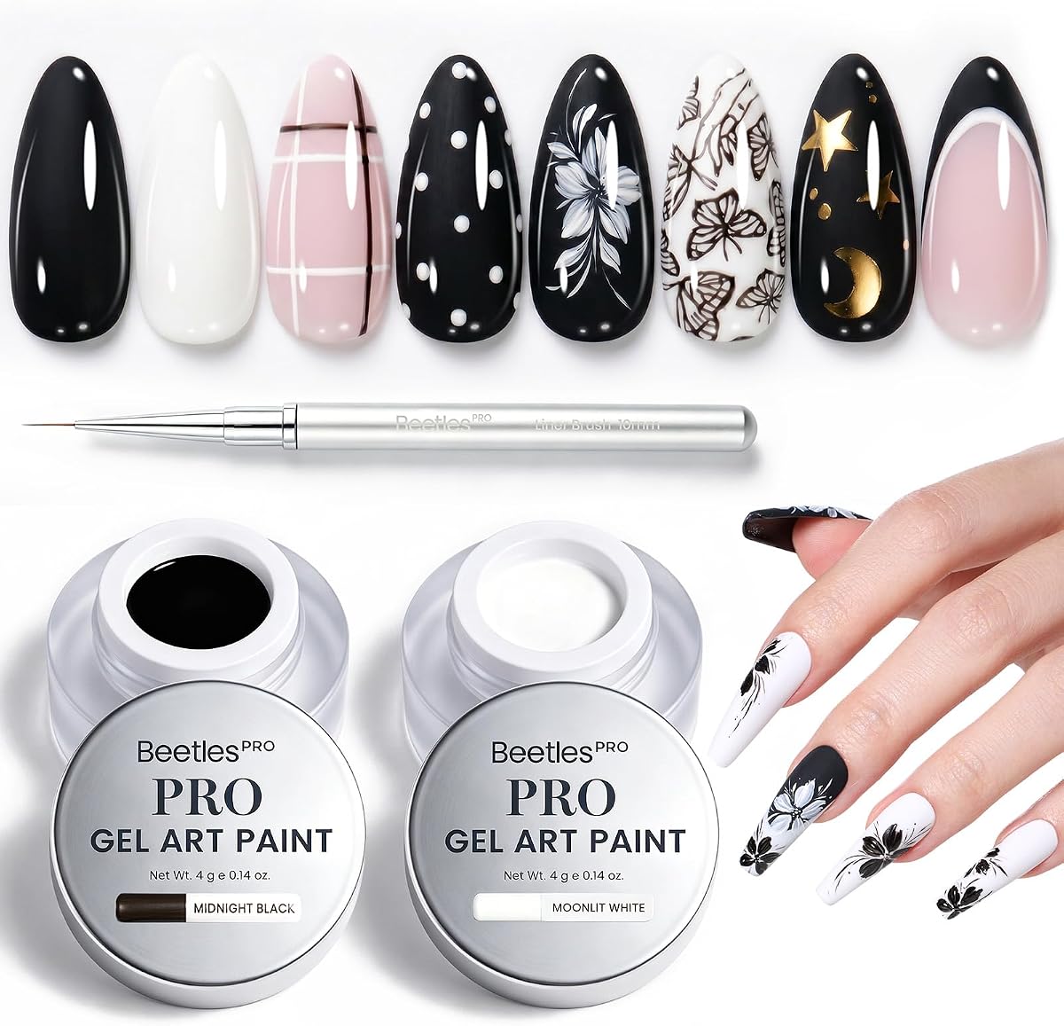 Beetles PRO Black & White Painting Gel for Nail Art, Creamy Gel | Black & White Gel Paint for Nails Art with 10mm Liner Brush, UV Light Cure, for French Nail Salon and Home DIY