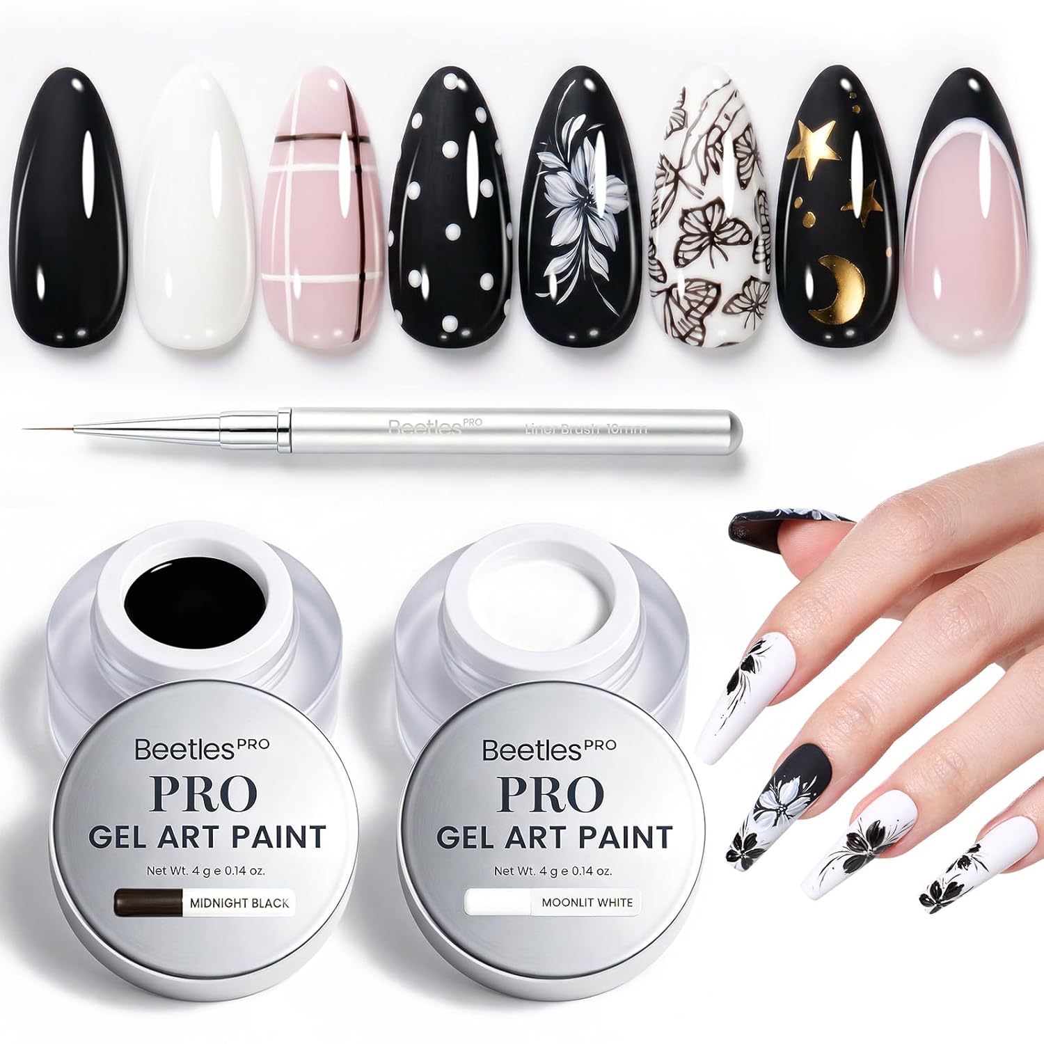 beetles PRO Black & White Painting Gel - 2PCS Black White Gel Paint for Nails Art with 10mm Liner Nail Art Brush, UV Light Cure, for Lines Floral Designs Patterns or French Nail Salon and Home DIY