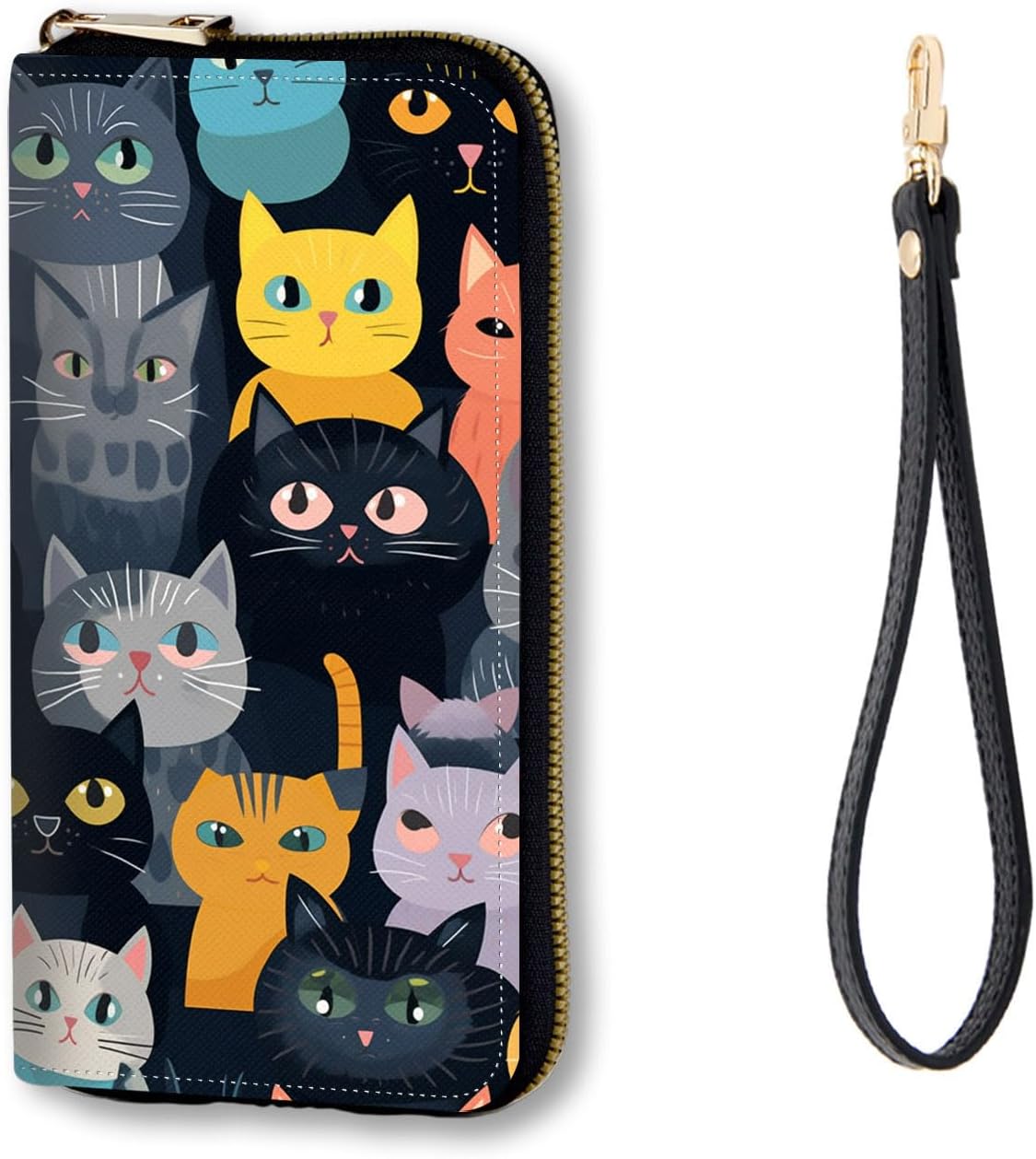 RFID Blocking Zip Around Wallet for Women with Detachable Strap | Large Capacity Leather Card Holder & Travel Wristlet Purse,Cute Cartoon Cat