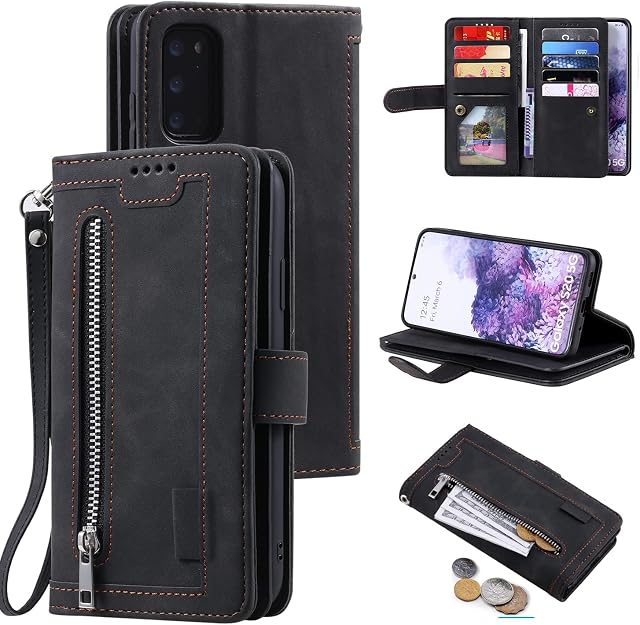 EYZUTAK Wallet Phone Case for Samsung Galaxy S20 Plus, Retro Matte 9 Card Holder Slots Zipper Pocket Case PU Leather Magnetic Closure Kickstand with Wrist Strap Shockproof Folio Flip Case - Black
