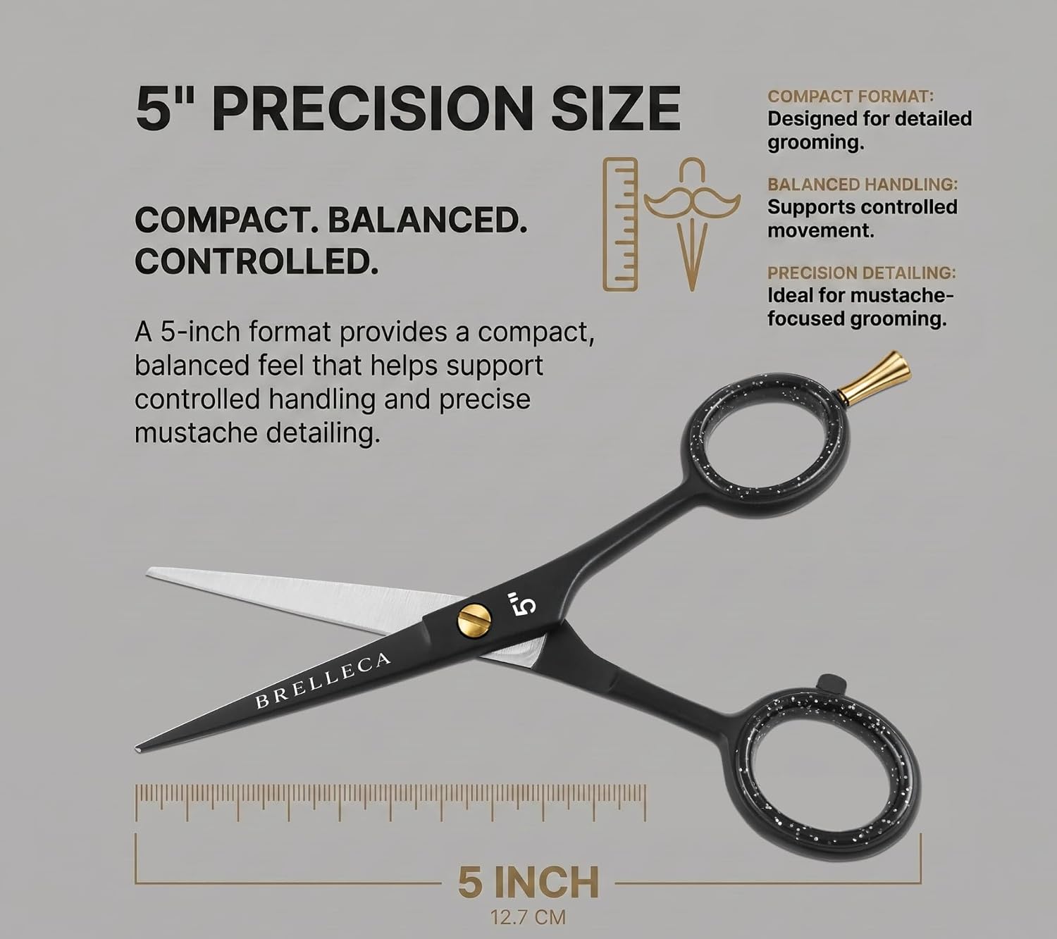 5 Inch Mustache Scissors with1 Beard Comb & Soft Pouch – Perfect Beard shears mustache kit for All Facial Hair for Men, 420C Stainless Steel, Black