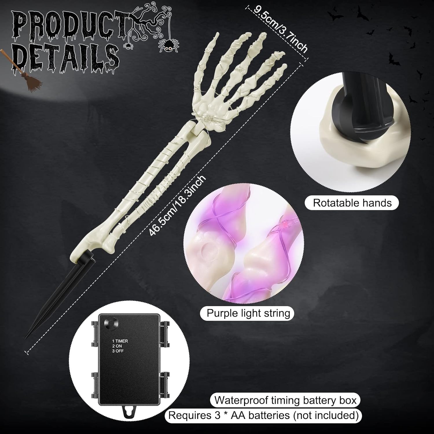 2 Pack Halloween Decorations 60 Led 18.3 Inch Realistic Lighted Skeleton Arm Stakes Large Skeleton Hands Waterproof Battery Operated with Timer Warm Purple Lights for Halloween Props Decorations : Patio, Lawn & Garden