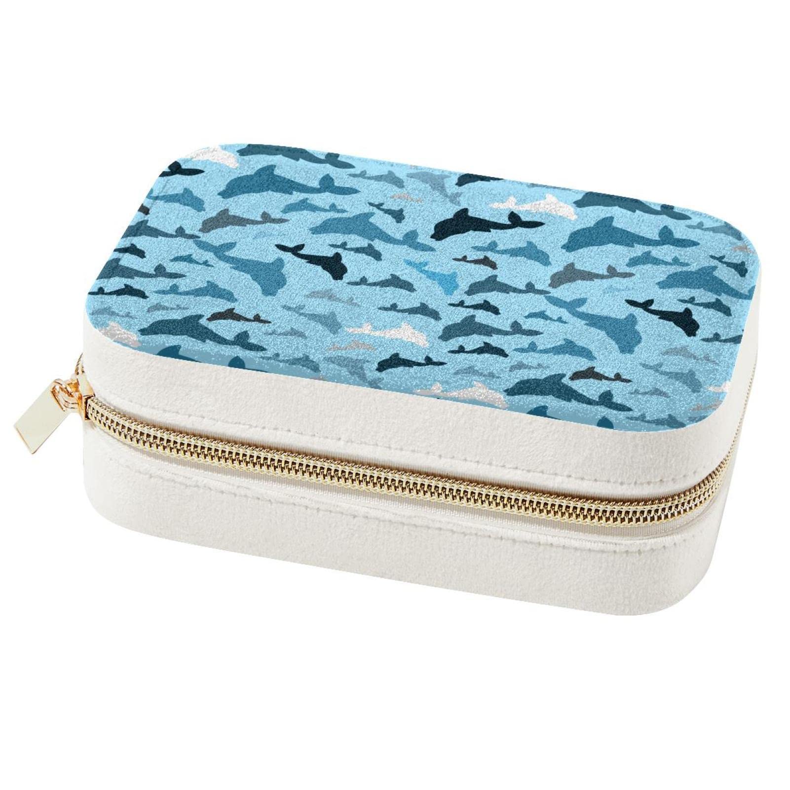 Boîte à bijoux motif dauphins et animaux marins blanc et bleu marine