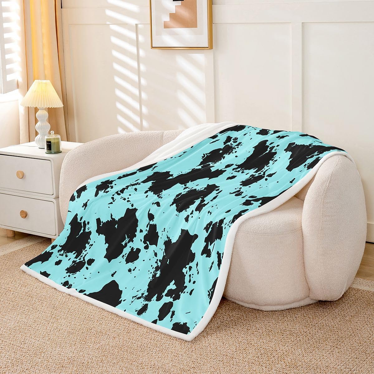 Feelyou Cow Print Sherpa Blanket Plush Fuzzy Cartoon Milk Cow Fleece Throw Blanket Boys Girls Blue Black for Bed Couch Chair Living Room Leopard Bedroom Decor 40"x50" image 2