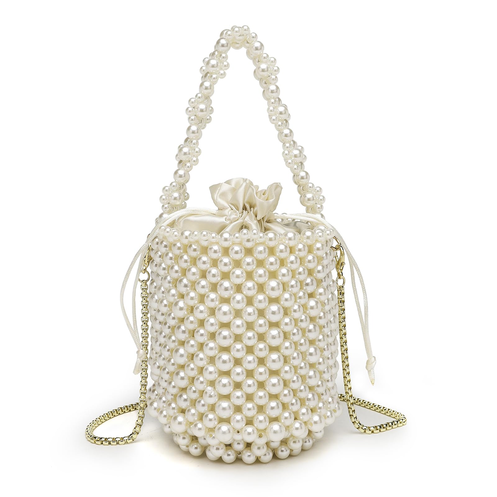 White Beaded Crystal Pearl Bucket Handbag for Women, Small Tube Top Handle  Clutch Purse Evening Bag for Prom Wedding Party