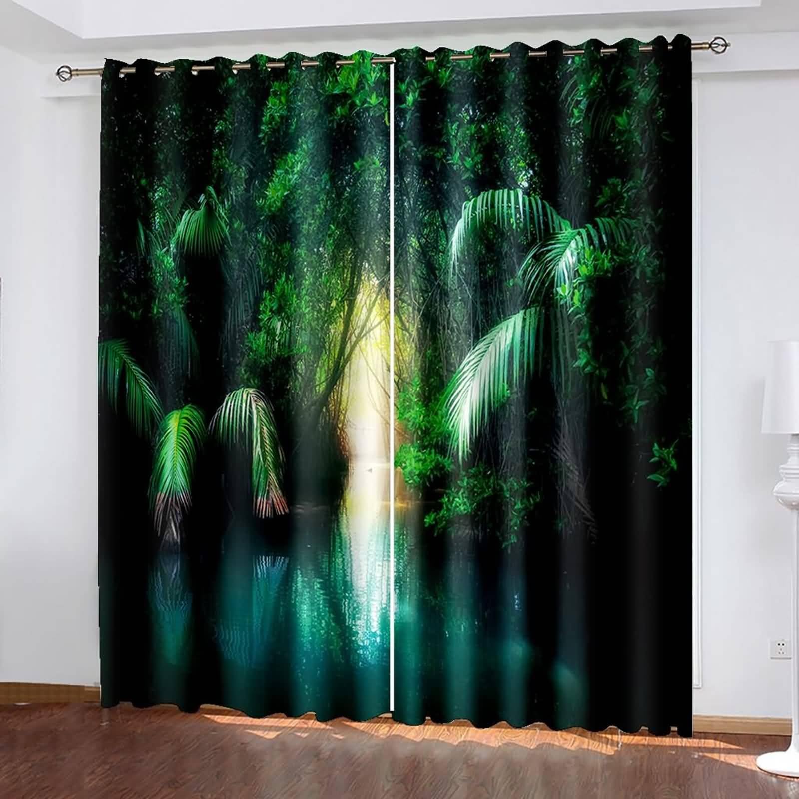 Schlafzimmer Vorhänge Blickdicht, 152x183cm Grün See- und Baummuster Vorhang für Schlafzimmer