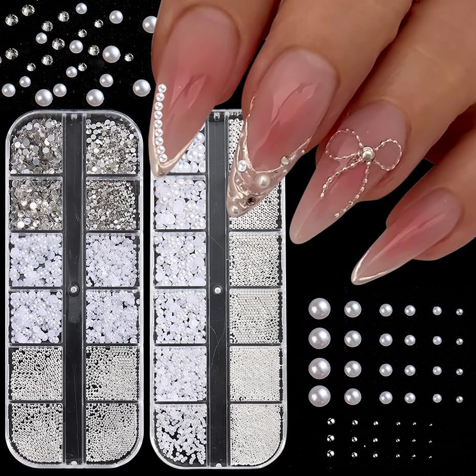 Pearl 3D Nail Charms Rhinestone Silver Beads Multi Design 2Boxes,White Semicircle Pearls Jewelry Silvery Steel Ball Mixed Sizes Nails Decoration,Flatback Diamond Gems Women DIY Nail Ornament