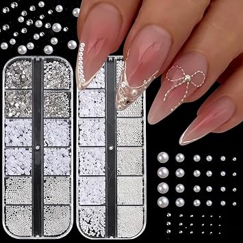 Pearl 3D Nail Charms Rhinestone Silver Beads Multi Design 2Boxes,White Semicircle Pearls Jewelry Silvery Steel Ball Mixed Sizes Nails Decoration,Flatback Diamond Gems Women DIY Nail Ornament
