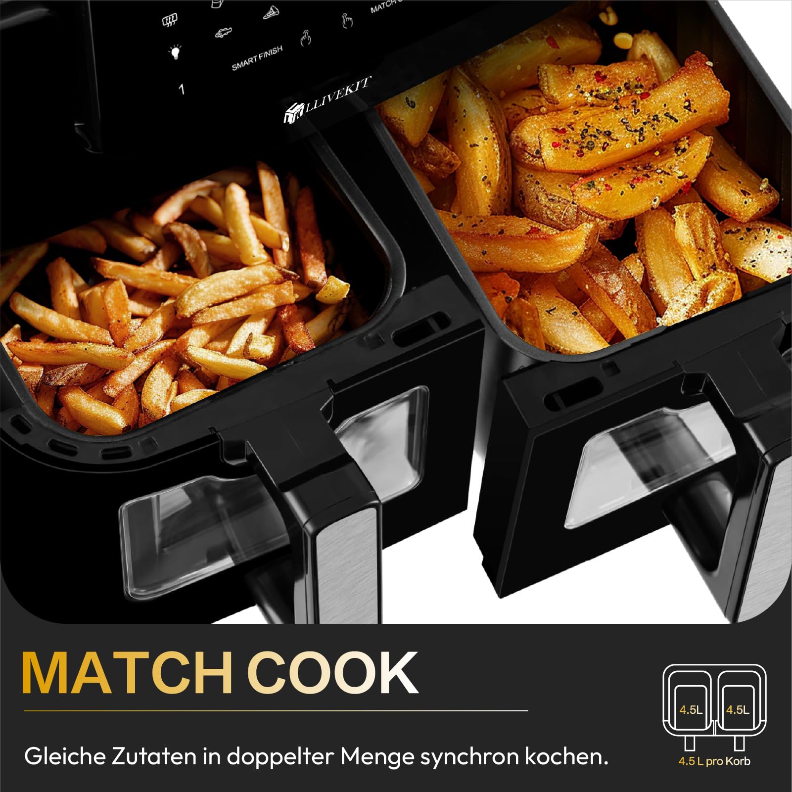 LLIVEKIT 9L Heißluftfritteuse 2 Kammern mit Sichtfenster, 4.5L+4.5L Airfryer 9-in-1, Backofen XXL ohne Öl, Heißluft-Backofen mit Touchscreen, Timer-Funktion
