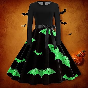 Robe Femme Halloween Imprimé Sanglant Deguisement Robe Halloween Femme Robe De Cocktail Soirée Bal Année 50s Pin Up Rockabilly Swing Jupe Manches Longue Avec Ceinture Costume Halloween