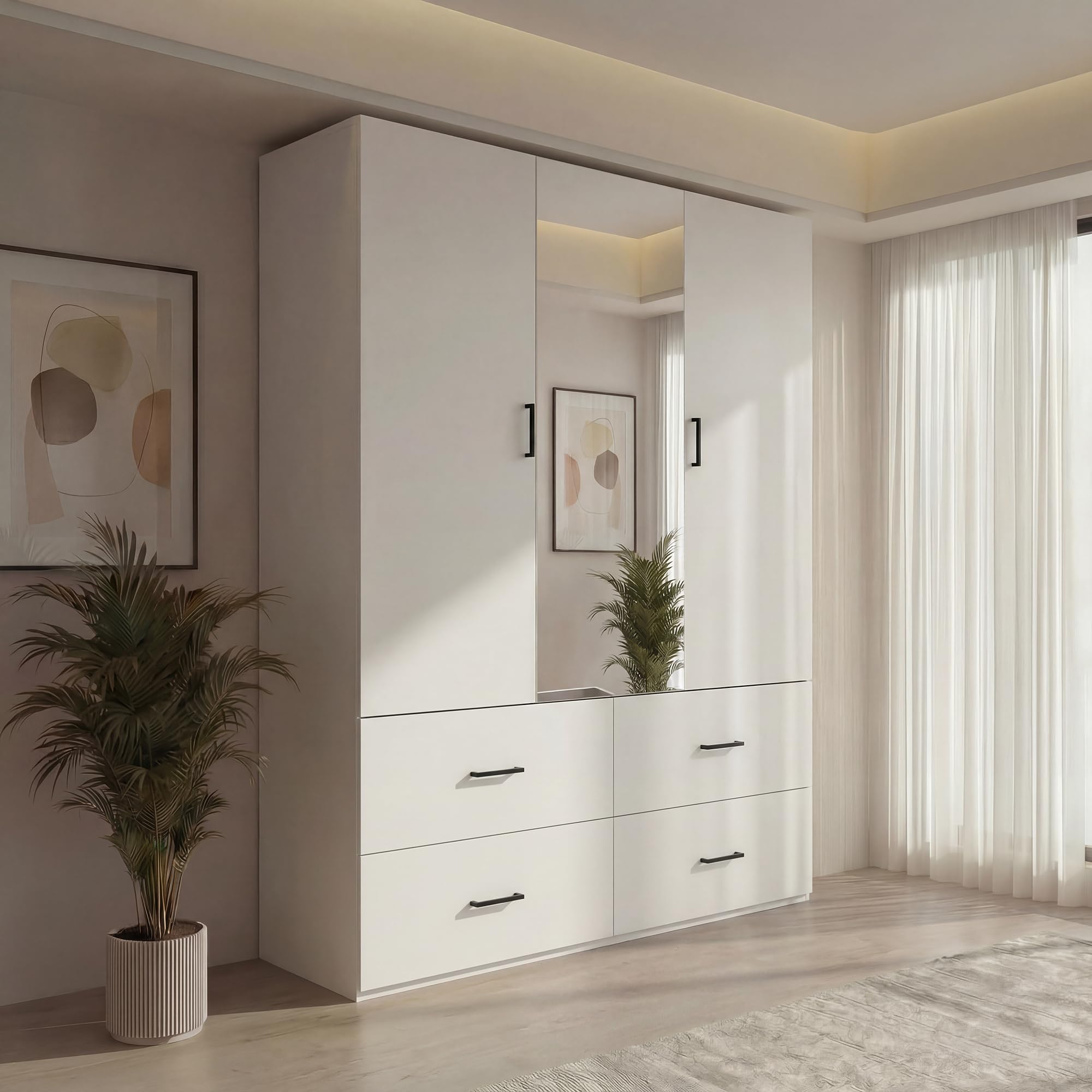 Armadio con Specchio, Armadio per Camera da Letto con 2 Ante e 4 Cassetti, Armadio moderno, Armadio in legno laminato, 130x51.8x181.5 cm, Bianco (Specchio al centro, 130x51.8x181.5 cm)