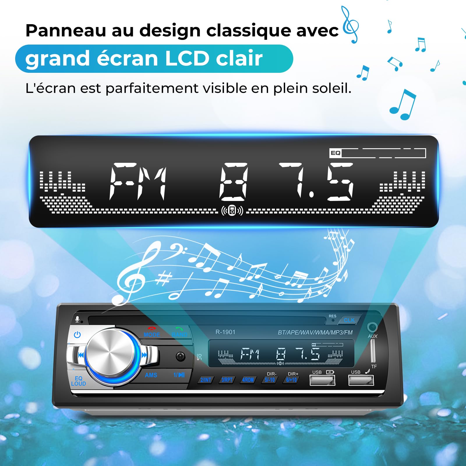RDS Autoradio Bluetooth, CENXINY Poste Radio Voiture Bluetooth, FM Autoradio1 DIN,2USB,Charge 2.1A, Aux-in,Micro SD Soutien iOS, Android