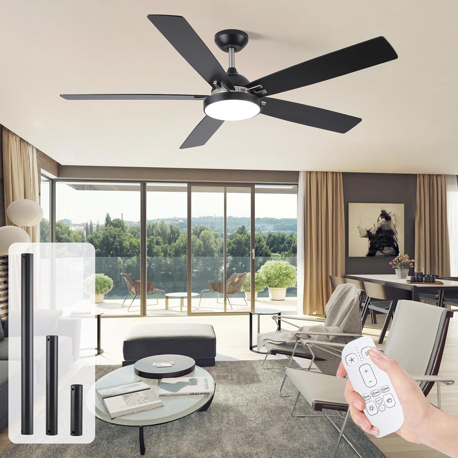 60 Inch Ceiling Fan with Light, Modern Black Large Industrial Commercial Ceiling Fan, 5 Blades Quiet 6 Speeds Reversible DC Motor, Damp Rated Outdoor Fan for Patios Porch Living Room