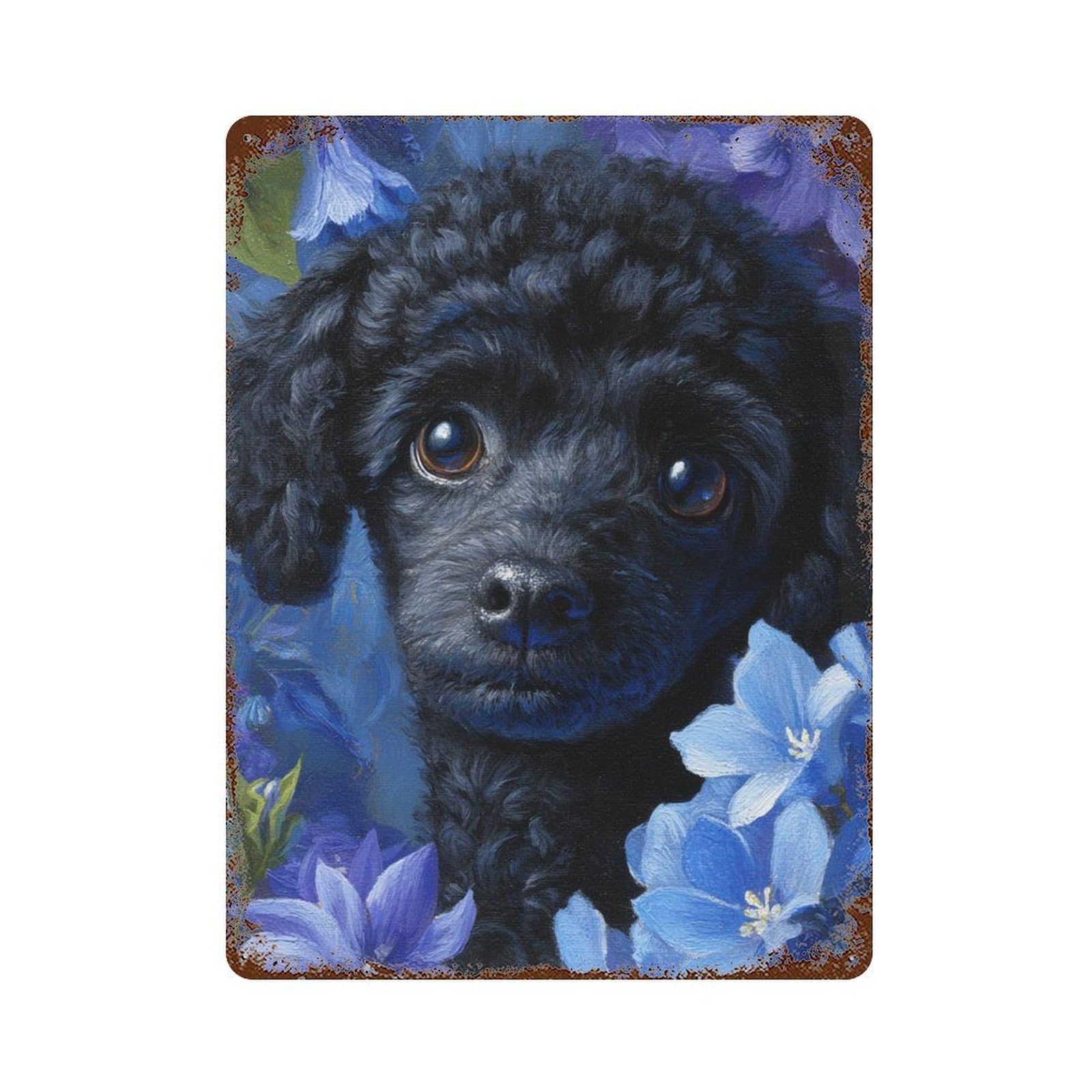 Black Poodle with Blue Flowers Decorative Tin Sign 15.7"x11.8", Classic Wall Plaque for Garage, Pub Or Kitchen