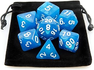Kit 7 Dados RPG de Mesa D&D Opaco Perolado D4 D6 D8 D10 D10% D12 D20 Cor AZUL C/ GLITTER + 1 Bolsa